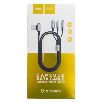 Магнитный USB-data-кабель hoco U17 Capsul 3 в 1 Type-c MicroUsb Lightning фото